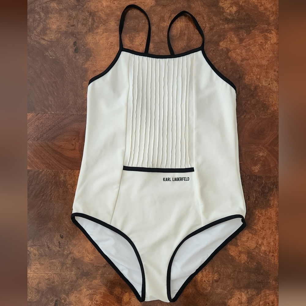 Karl Lagerfeld Kids Cream One-Piece Swimsuit with Black Trim